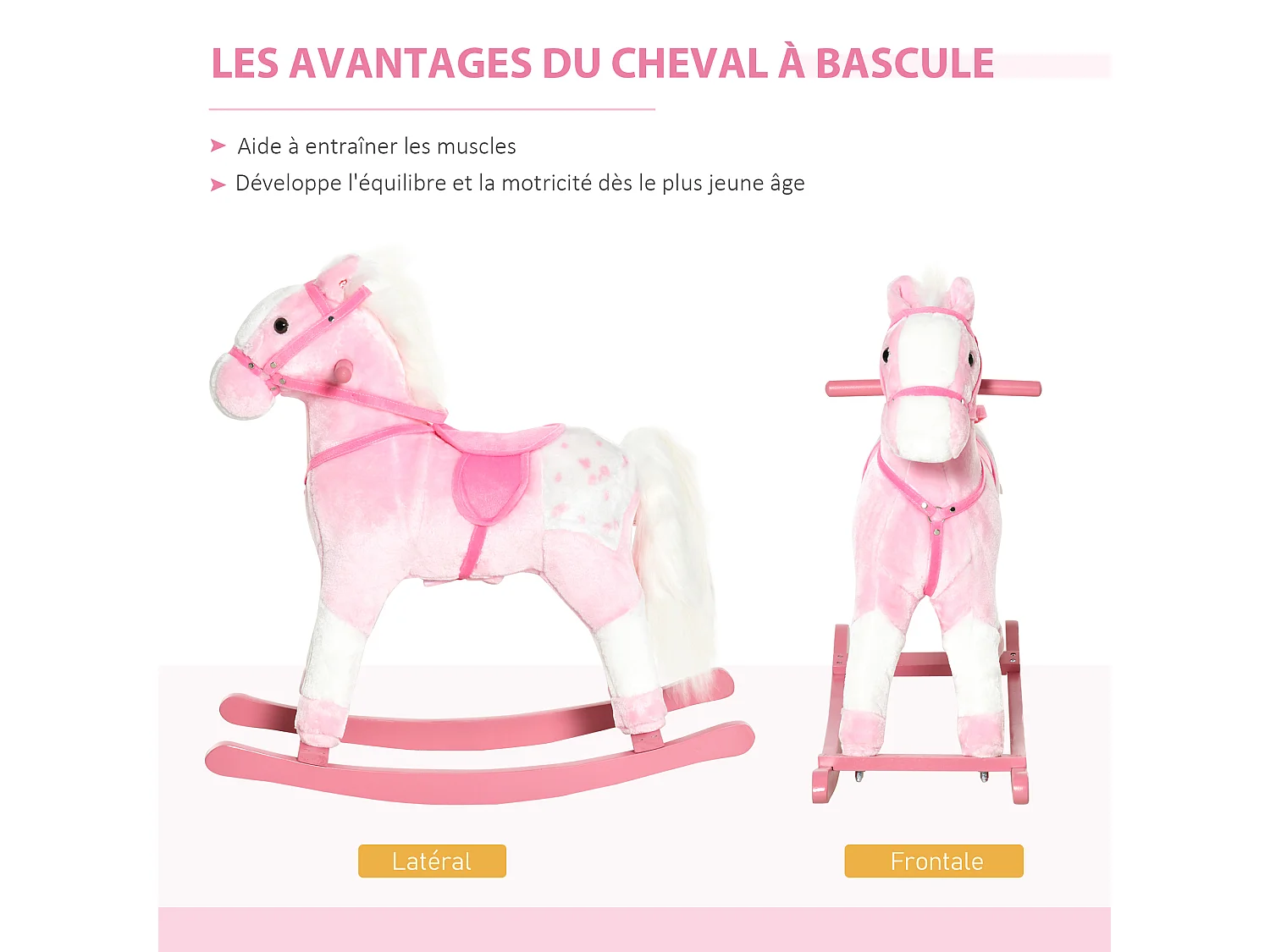 Cheval à bascule cheval de cowboy effet sonore selle rênes rose blanc