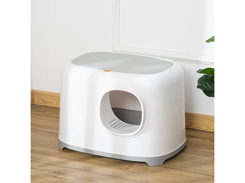 Maison de toilette litière pour chat - porte, couvercle ouvrant  - pelle incluse - blanc gris clair