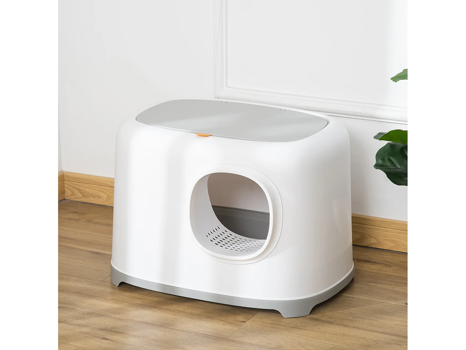 Maison de toilette litière pour chat - porte, couvercle ouvrant  - pelle incluse - blanc gris clair