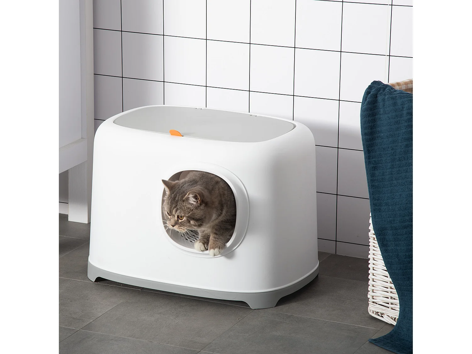 Maison de toilette litière pour chat - porte, couvercle ouvrant  - pelle incluse - blanc gris clair
