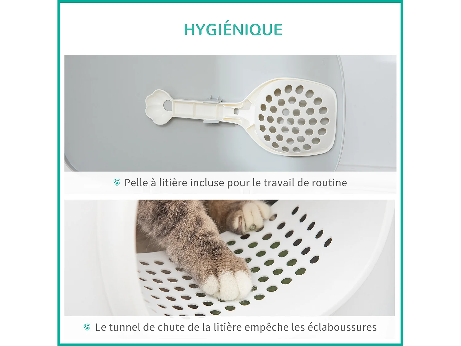 Maison de toilette litière pour chat - porte, couvercle ouvrant  - pelle incluse - blanc gris clair