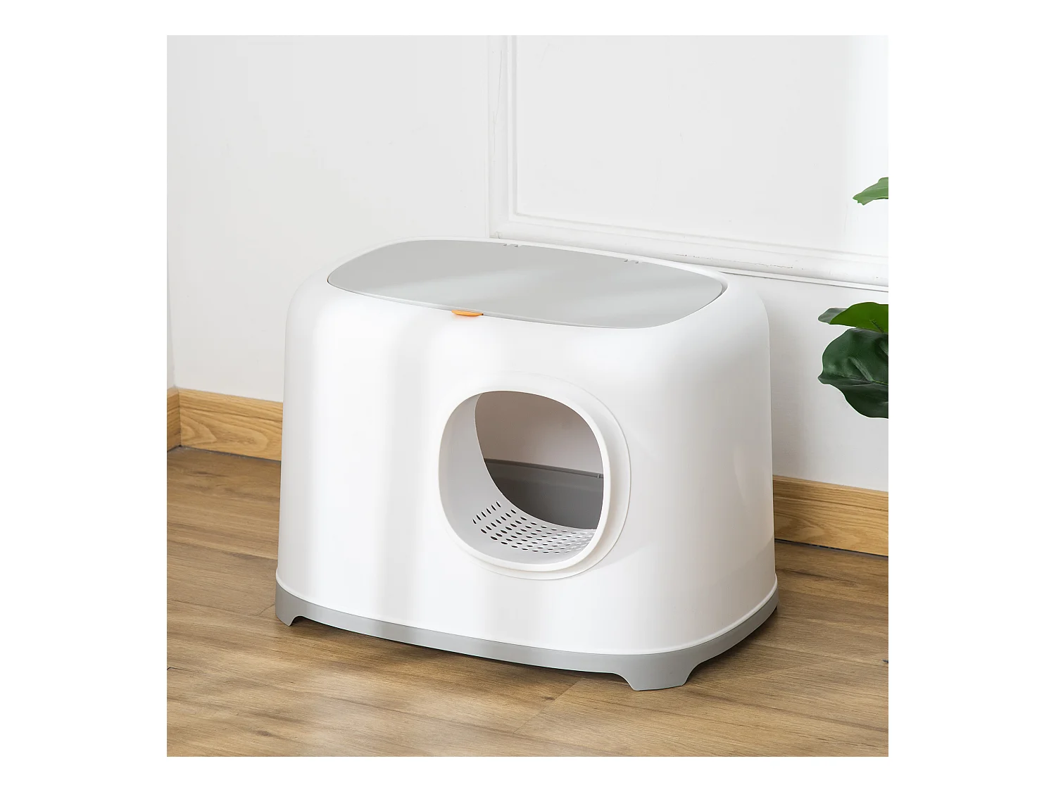 Maison de toilette litière pour chat - porte, couvercle ouvrant  - pelle incluse - blanc gris clair