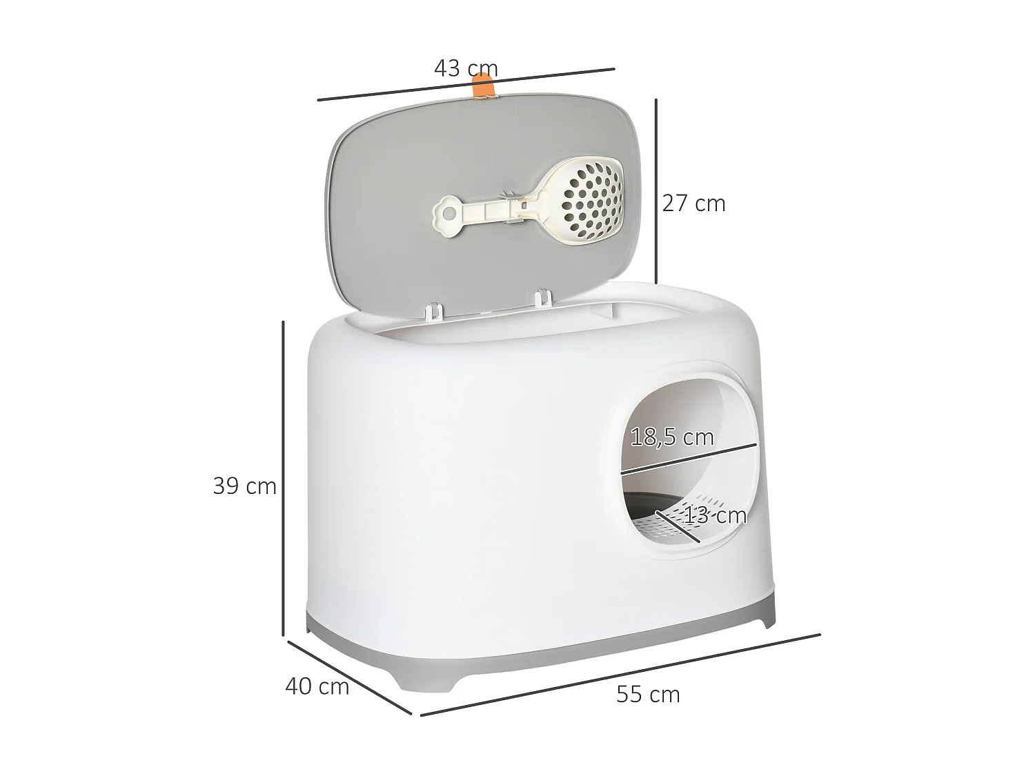 Maison de toilette litière pour chat - porte, couvercle ouvrant  - pelle incluse - blanc gris clair