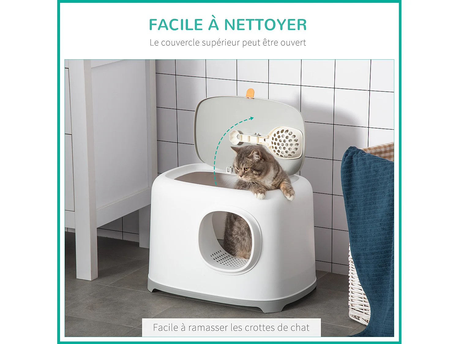 Maison de toilette litière pour chat - porte, couvercle ouvrant  - pelle incluse - blanc gris clair