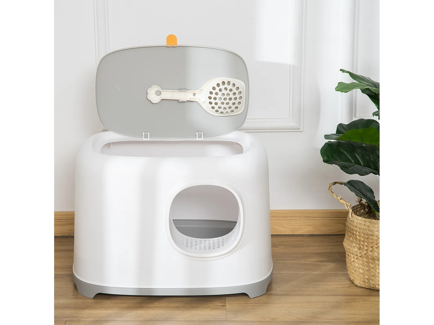 Maison de toilette litière pour chat - porte, couvercle ouvrant  - pelle incluse - blanc gris clair