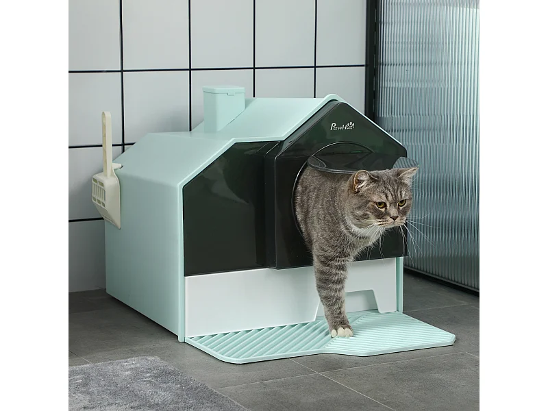 Maison de toilette chat design maisonnette porte battante pelle filtre tapis bleu