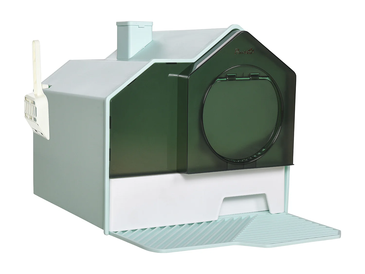 Maison de toilette chat design maisonnette porte battante pelle filtre tapis bleu