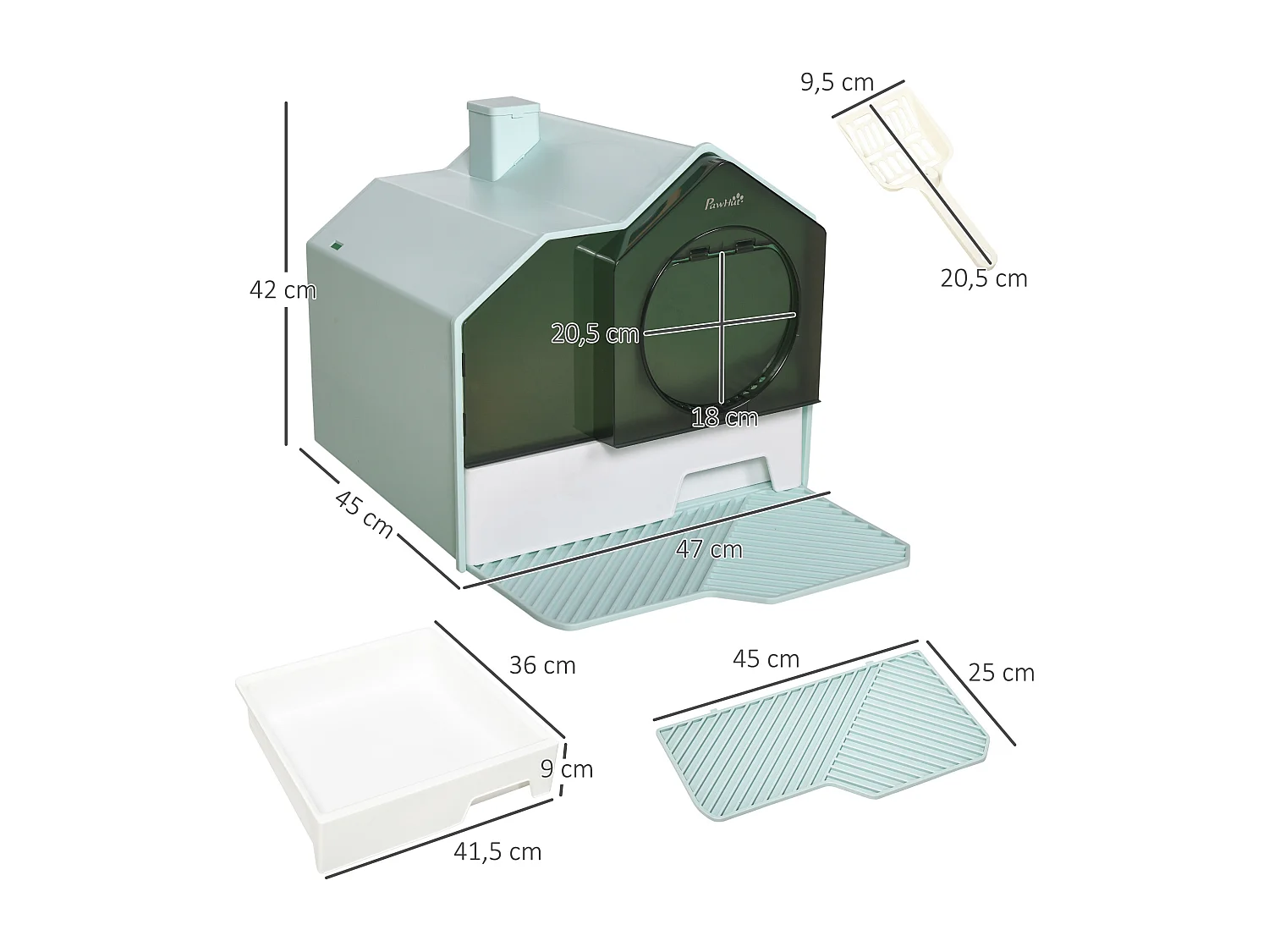 Maison de toilette chat design maisonnette porte battante pelle filtre tapis bleu