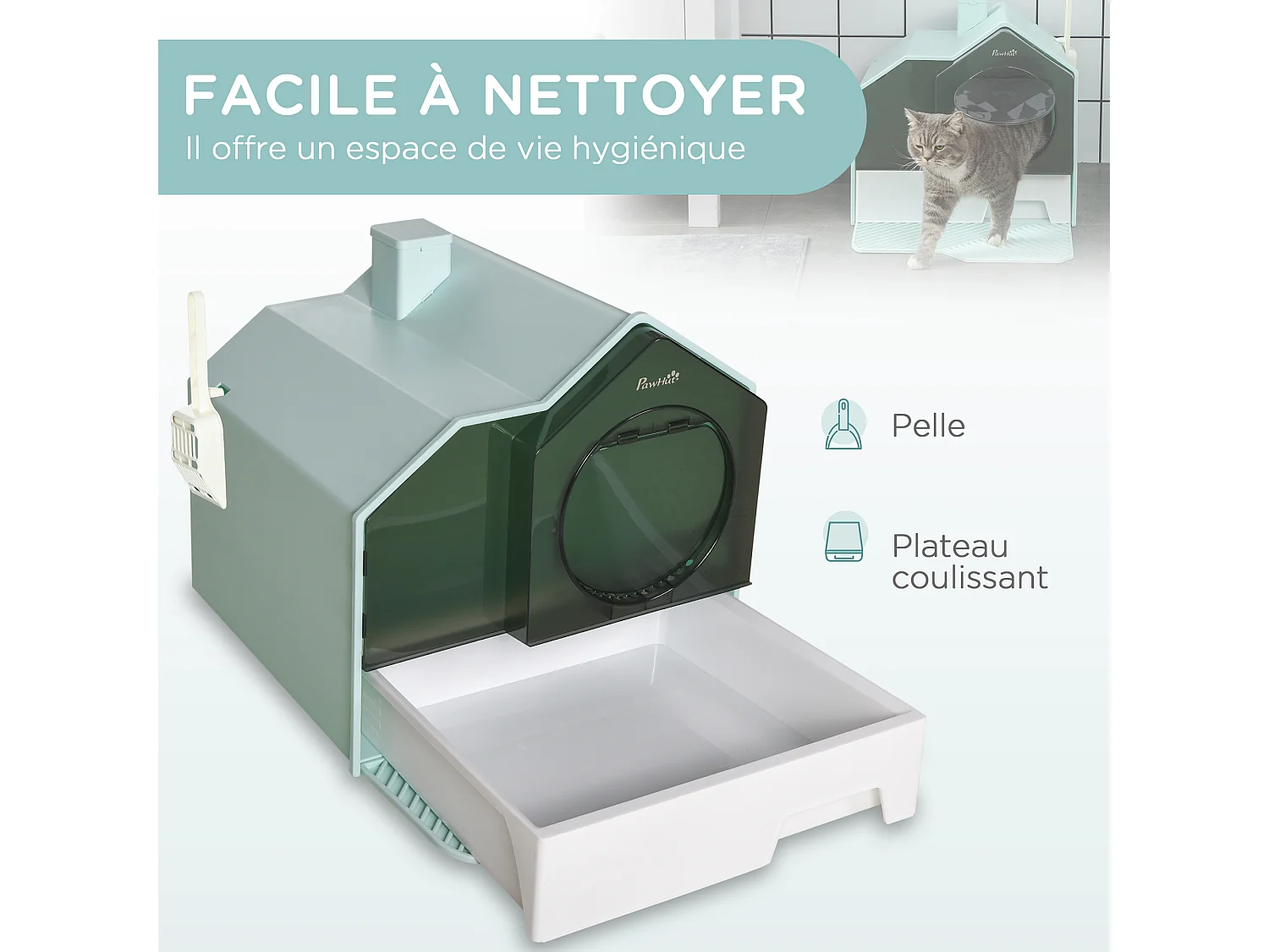 Maison de toilette chat design maisonnette porte battante pelle filtre tapis bleu