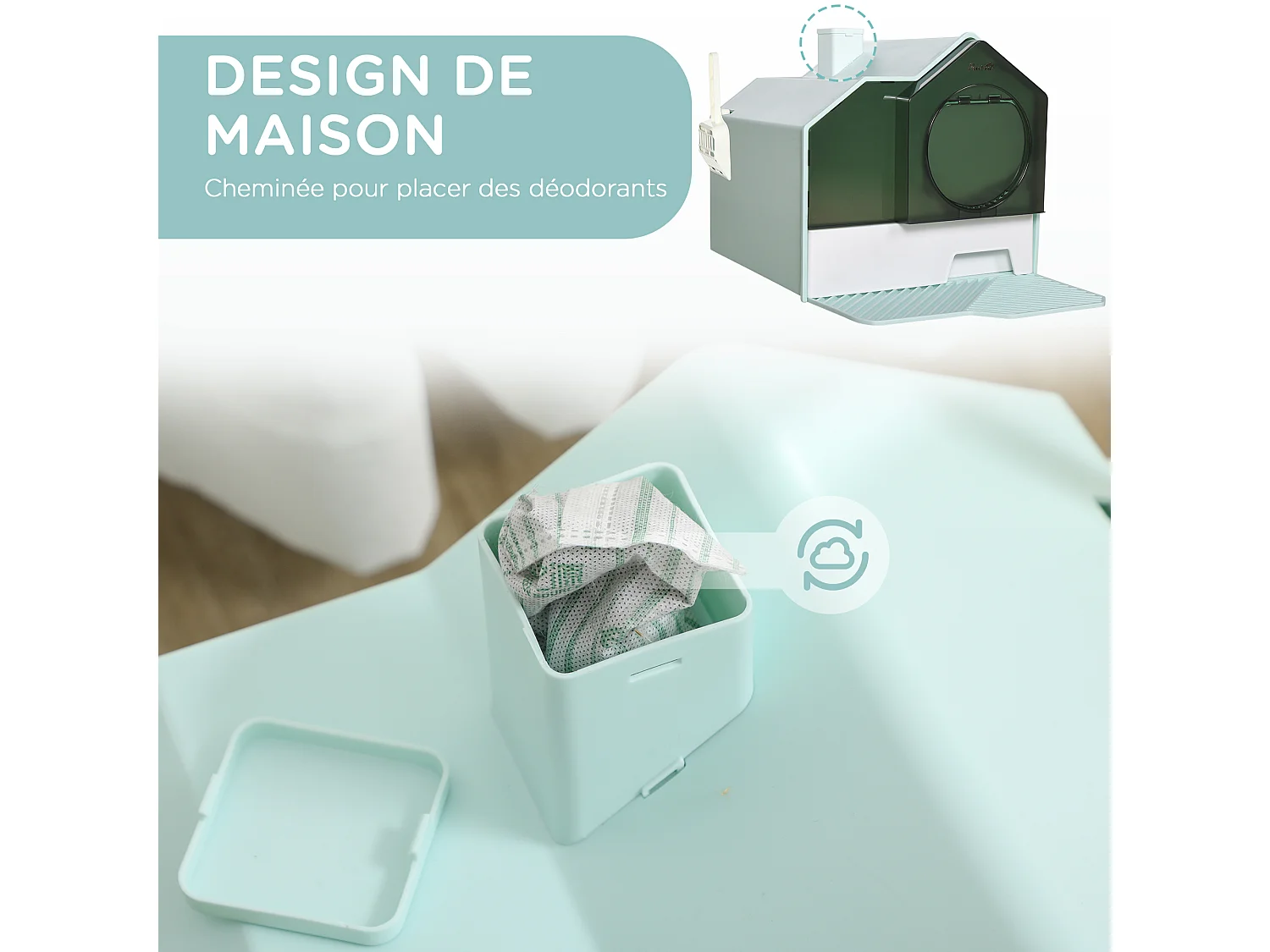 Maison de toilette chat design maisonnette porte battante pelle filtre tapis bleu
