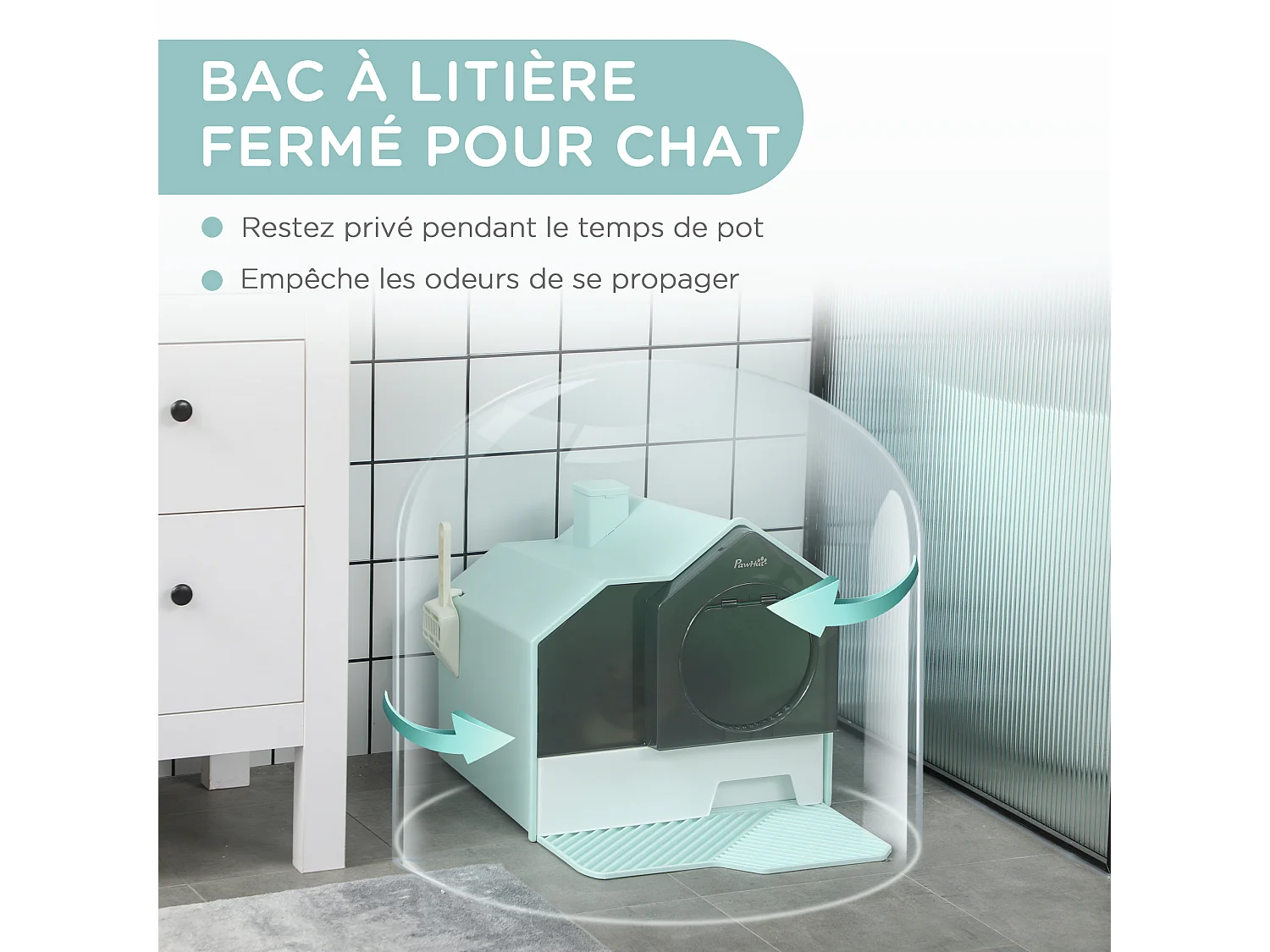 Maison de toilette chat design maisonnette porte battante pelle filtre tapis bleu