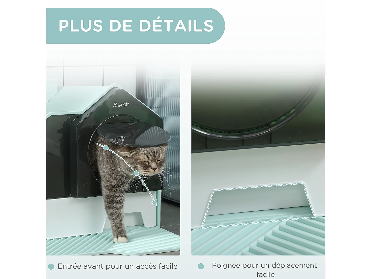Maison de toilette chat design maisonnette porte battante pelle filtre tapis bleu