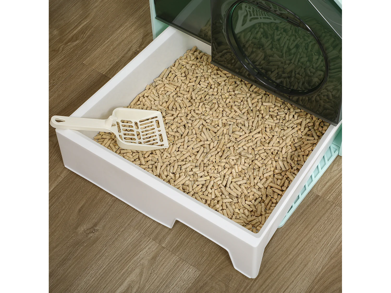 Maison de toilette chat design maisonnette porte battante pelle filtre tapis bleu