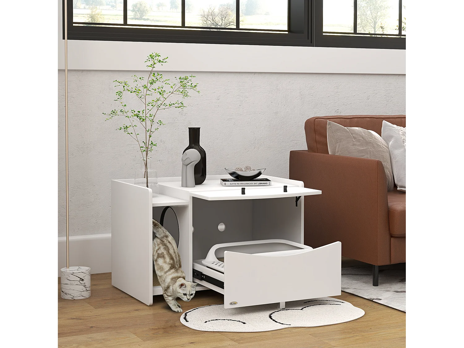Maison de toilette pour chat - meuble cache litière - compartiment coulissant, aérations, tapis de fuite - blanc
