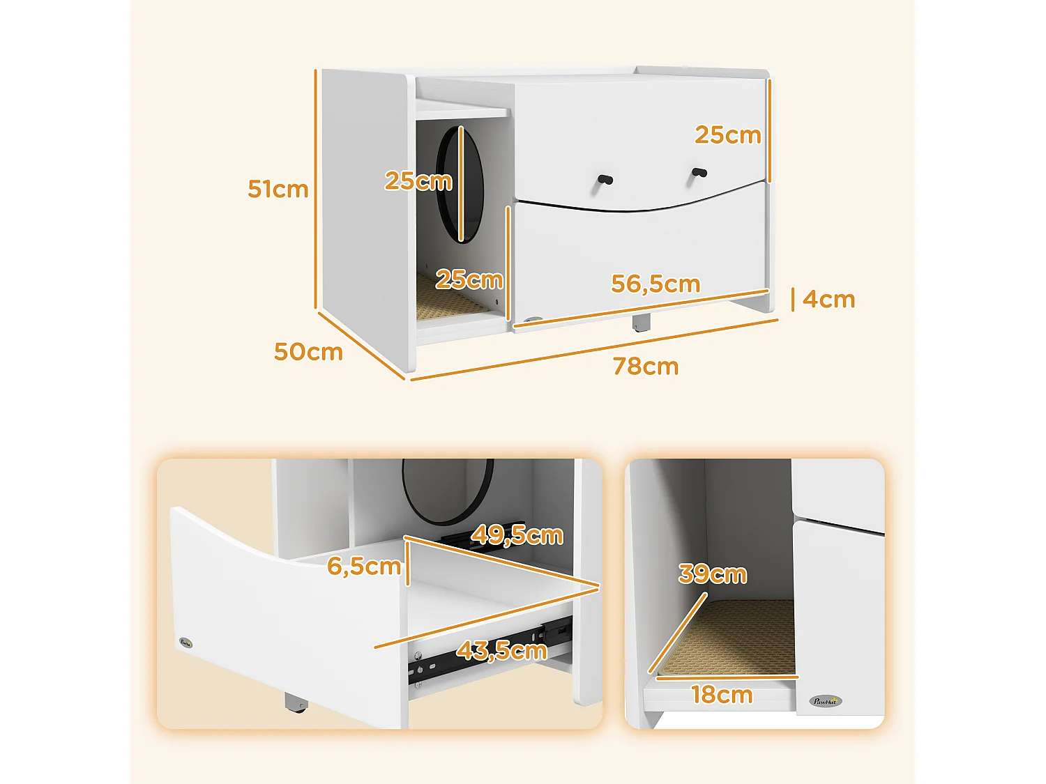 Maison de toilette pour chat - meuble cache litière - compartiment coulissant, aérations, tapis de fuite - blanc