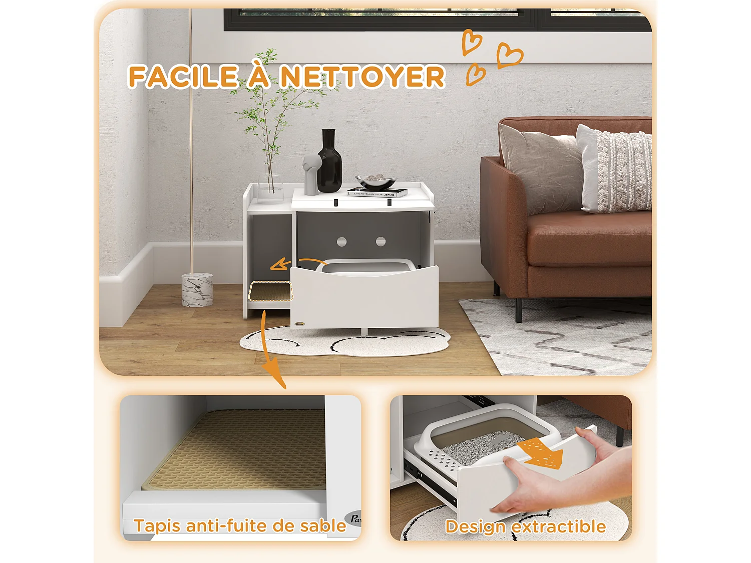 Maison de toilette pour chat - meuble cache litière - compartiment coulissant, aérations, tapis de fuite - blanc