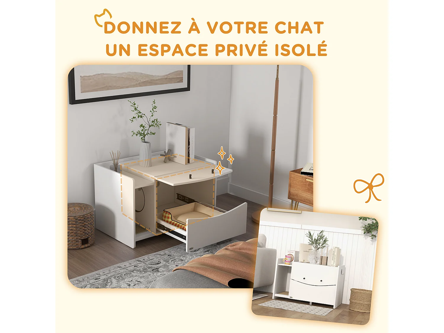 Maison de toilette pour chat - meuble cache litière - compartiment coulissant, aérations, tapis de fuite - blanc