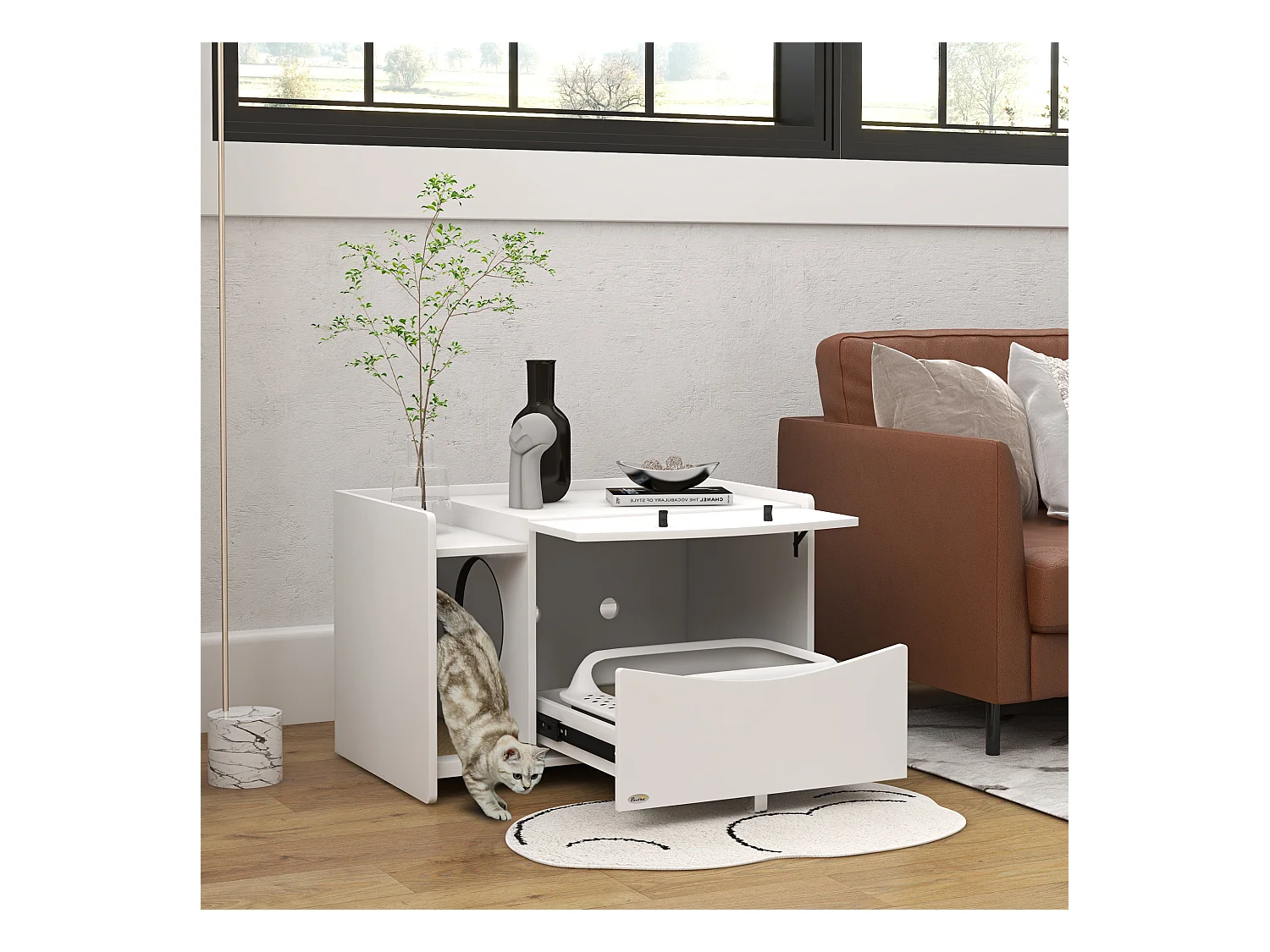 Maison de toilette pour chat - meuble cache litière - compartiment coulissant, aérations, tapis de fuite - blanc