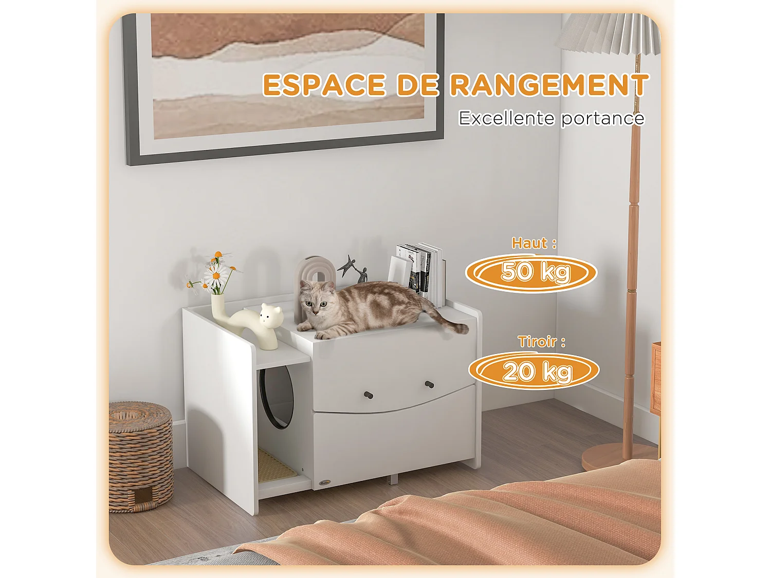 Maison de toilette pour chat - meuble cache litière - compartiment coulissant, aérations, tapis de fuite - blanc