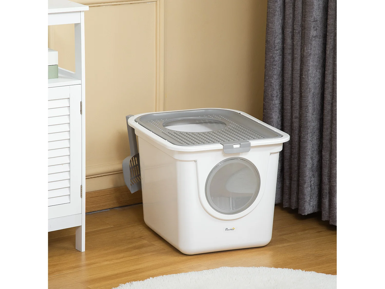 Maison de toilette litière pour chat double porte battante et supérieure - pelle incluse - blanc gris