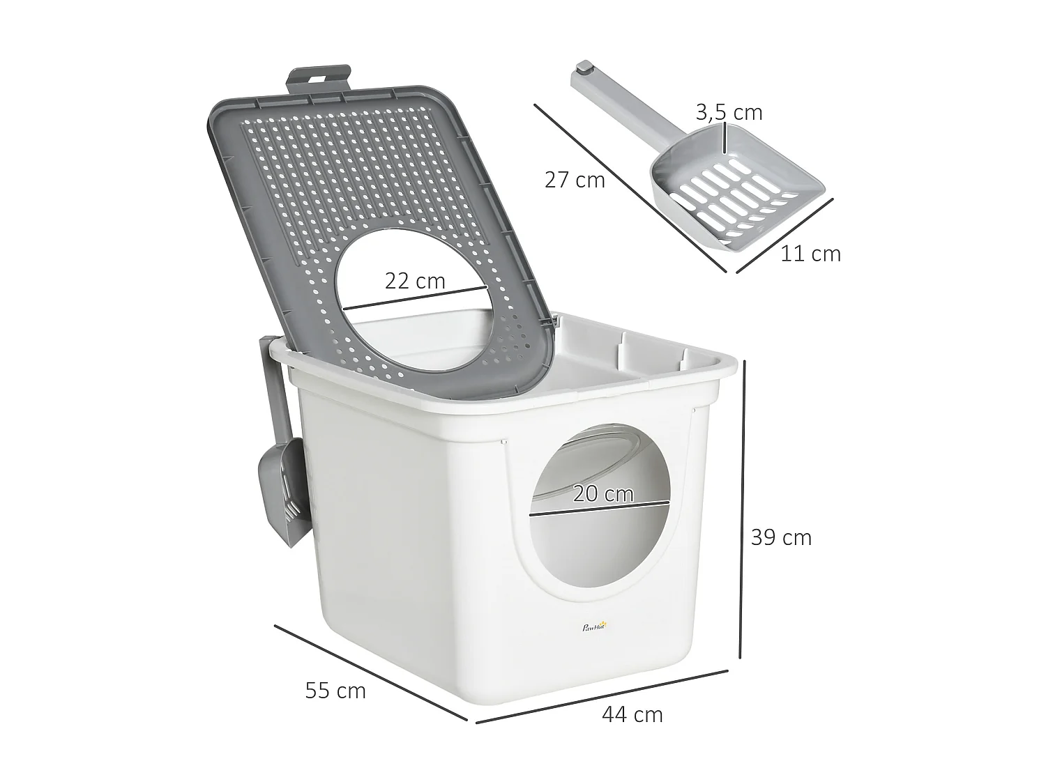 Maison de toilette litière pour chat double porte battante et supérieure - pelle incluse - blanc gris