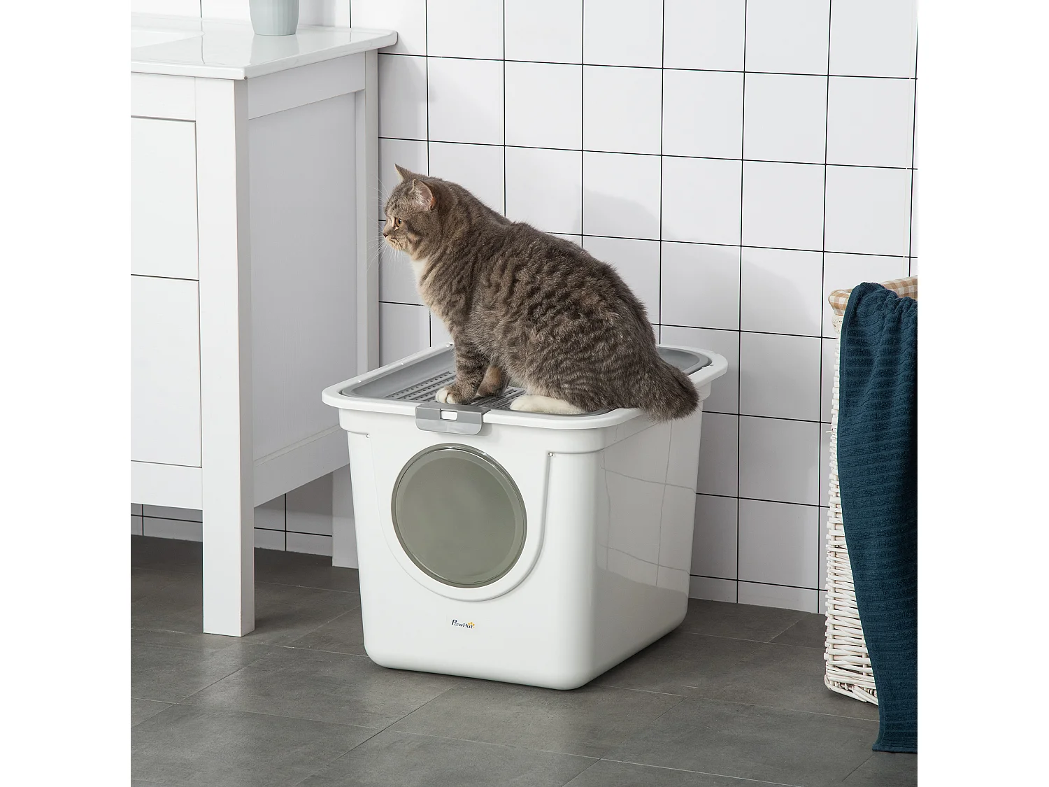 Maison de toilette litière pour chat double porte battante et supérieure - pelle incluse - blanc gris