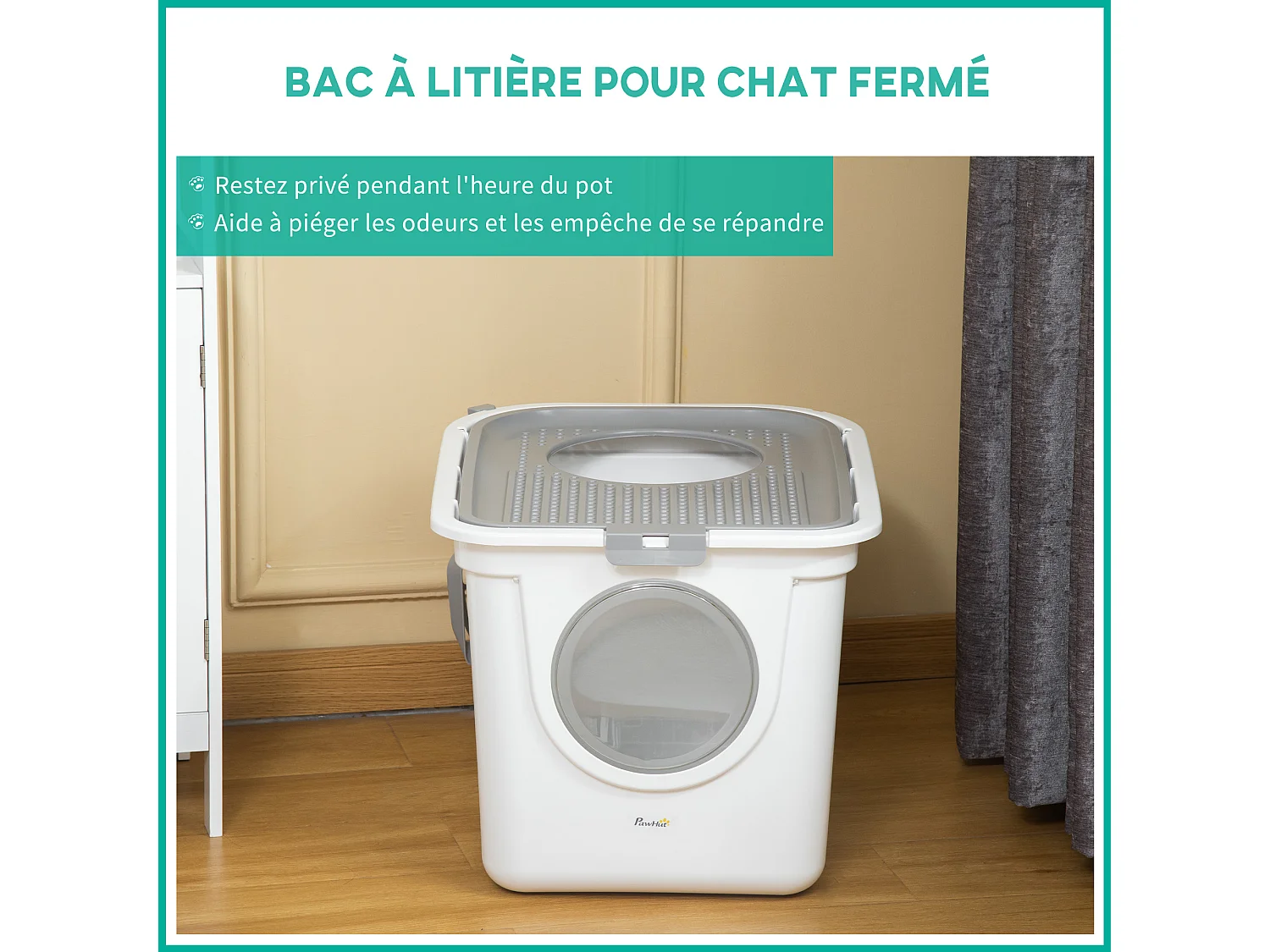 Maison de toilette litière pour chat double porte battante et supérieure - pelle incluse - blanc gris