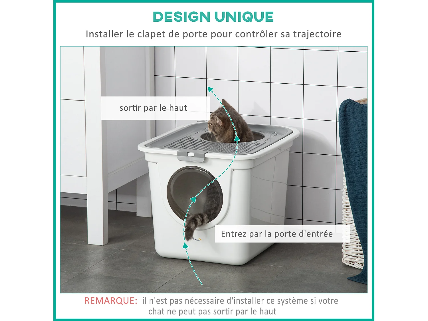Maison de toilette litière pour chat double porte battante et supérieure - pelle incluse - blanc gris