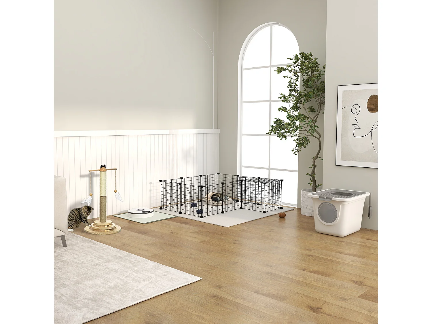 Maison de toilette litière pour chat double porte battante et supérieure - pelle incluse - blanc gris