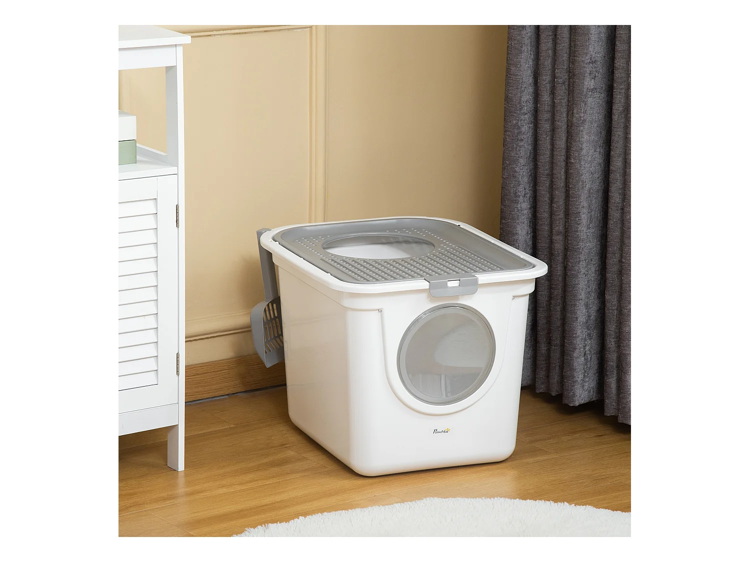 Maison de toilette litière pour chat double porte battante et supérieure - pelle incluse - blanc gris