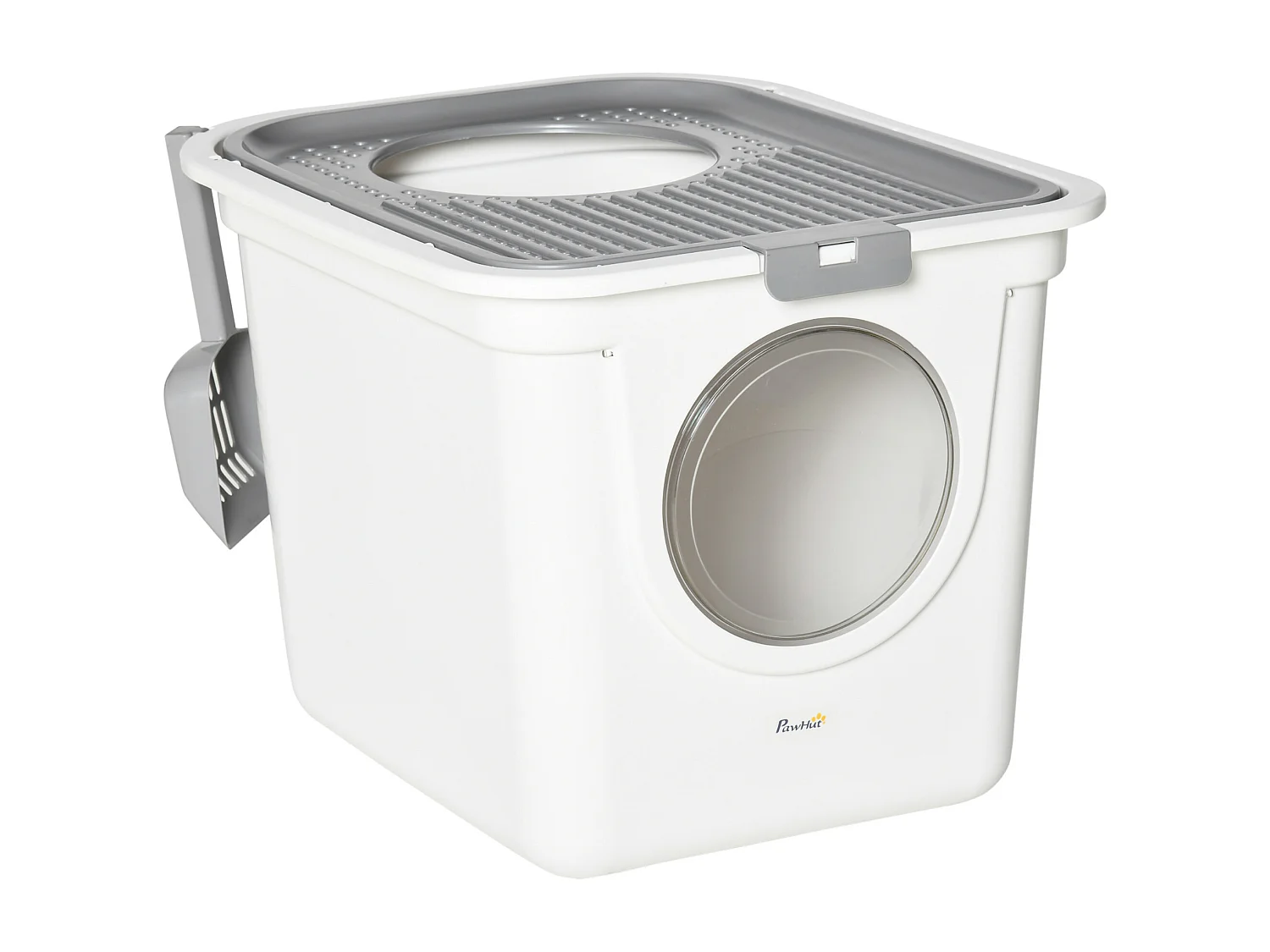 Maison de toilette litière pour chat double porte battante et supérieure - pelle incluse - blanc gris