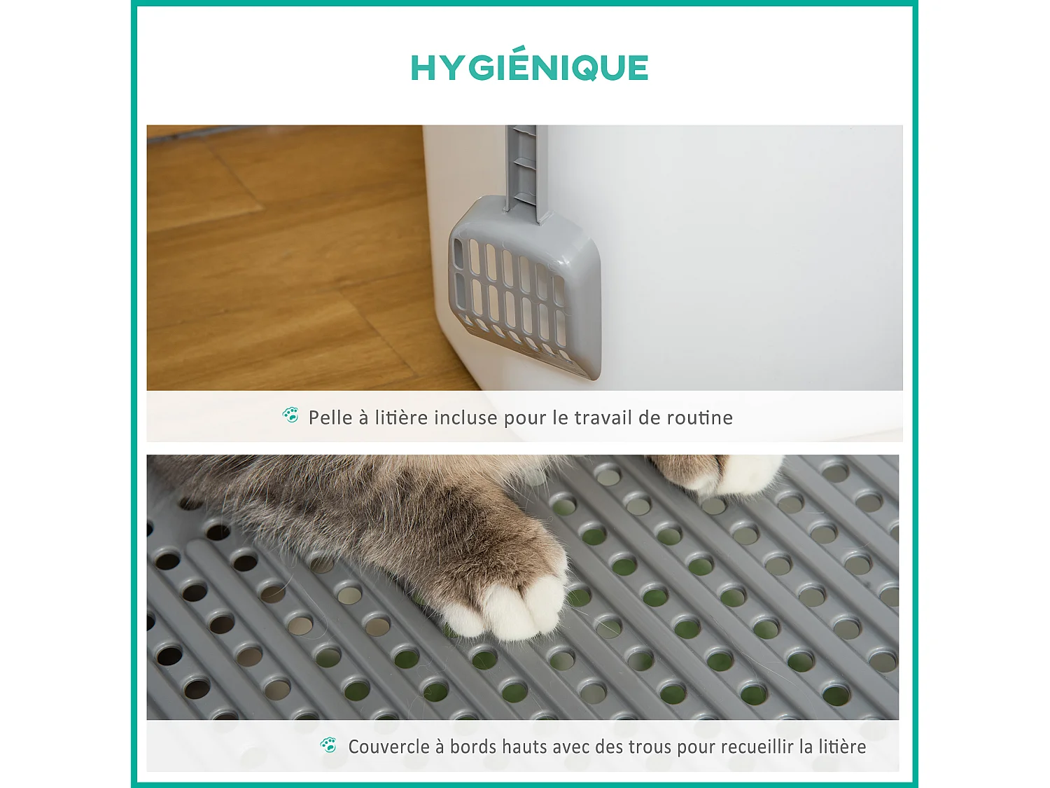Maison de toilette litière pour chat double porte battante et supérieure - pelle incluse - blanc gris