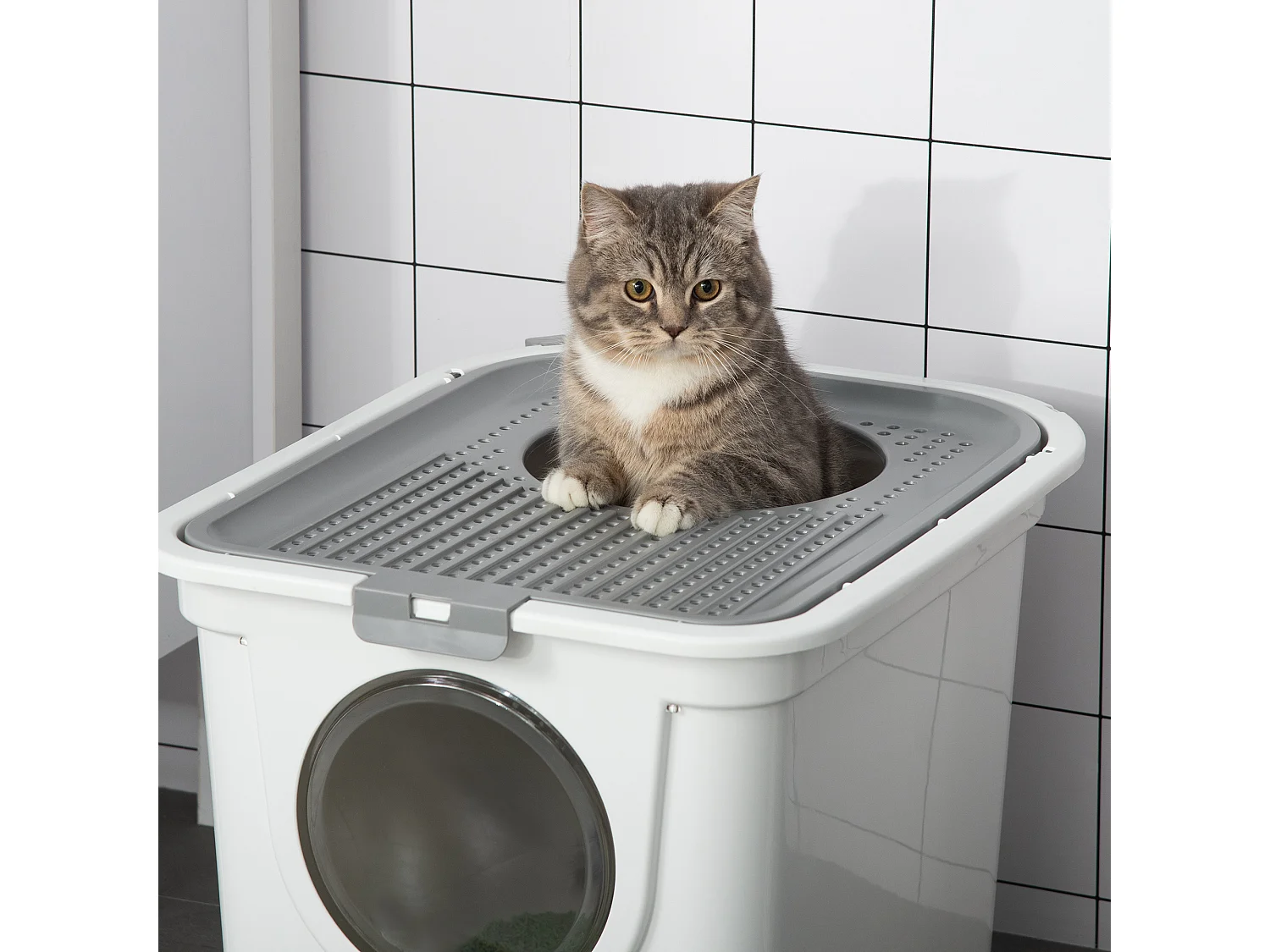 Maison de toilette litière pour chat double porte battante et supérieure - pelle incluse - blanc gris