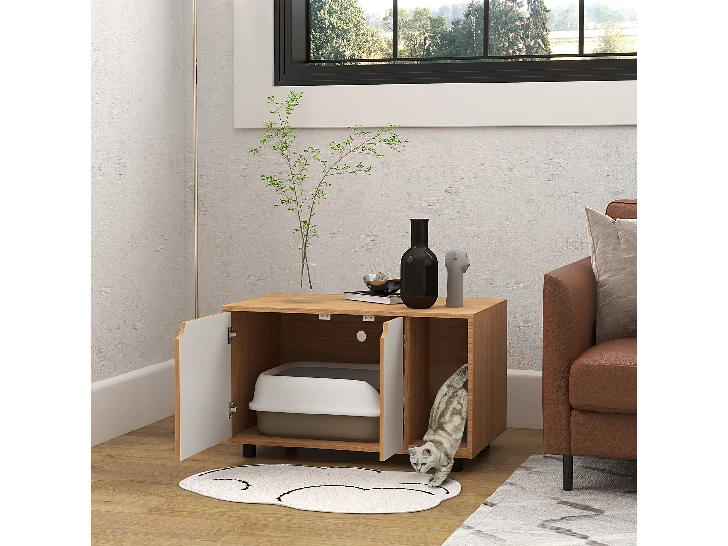 Maison de toilette pour chat style scandinave - meuble cache litière - portes, aérations, tapis de fuite - naturel blanc