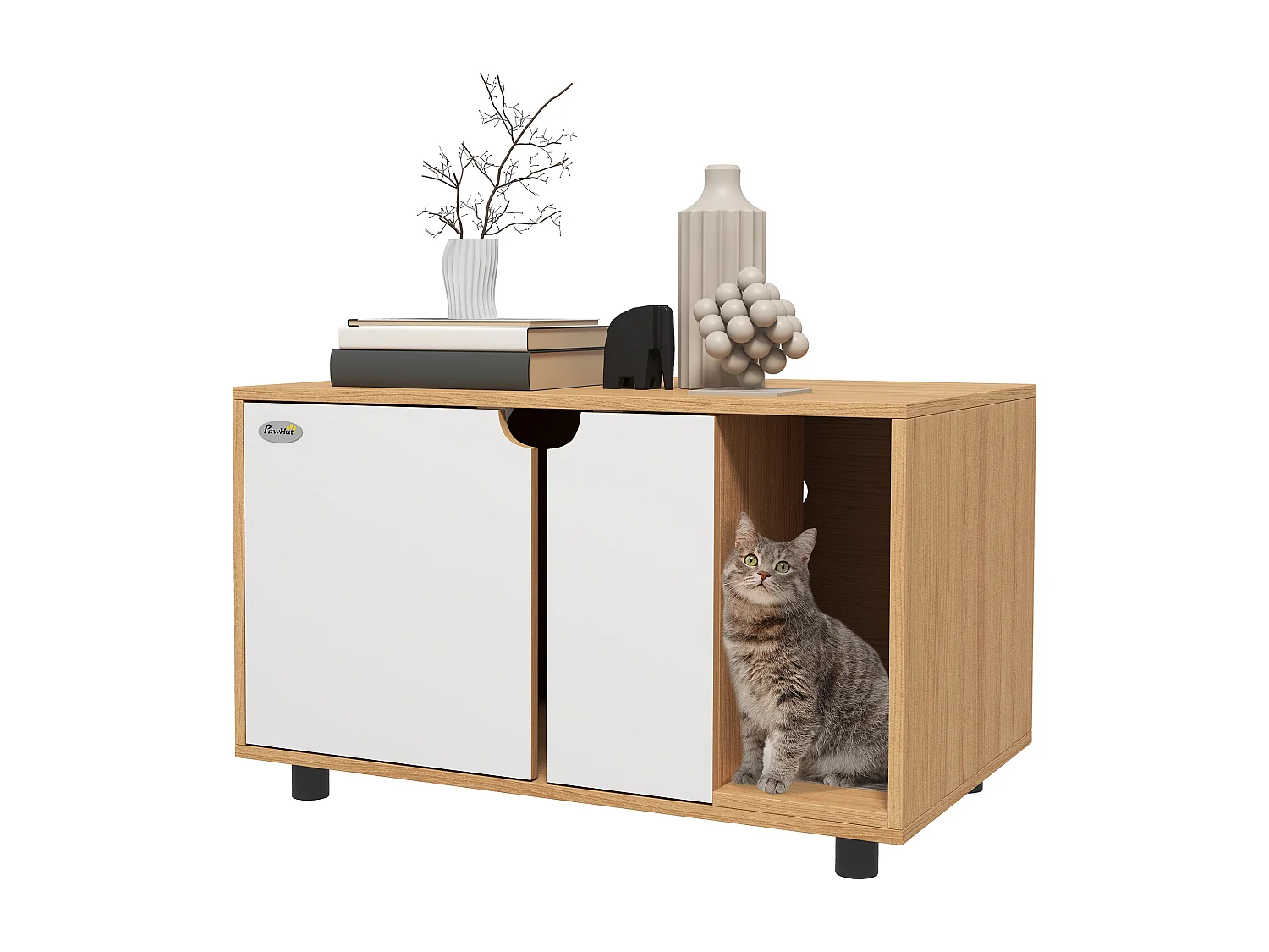 Maison de toilette pour chat style scandinave - meuble cache litière - portes, aérations, tapis de fuite - naturel blanc