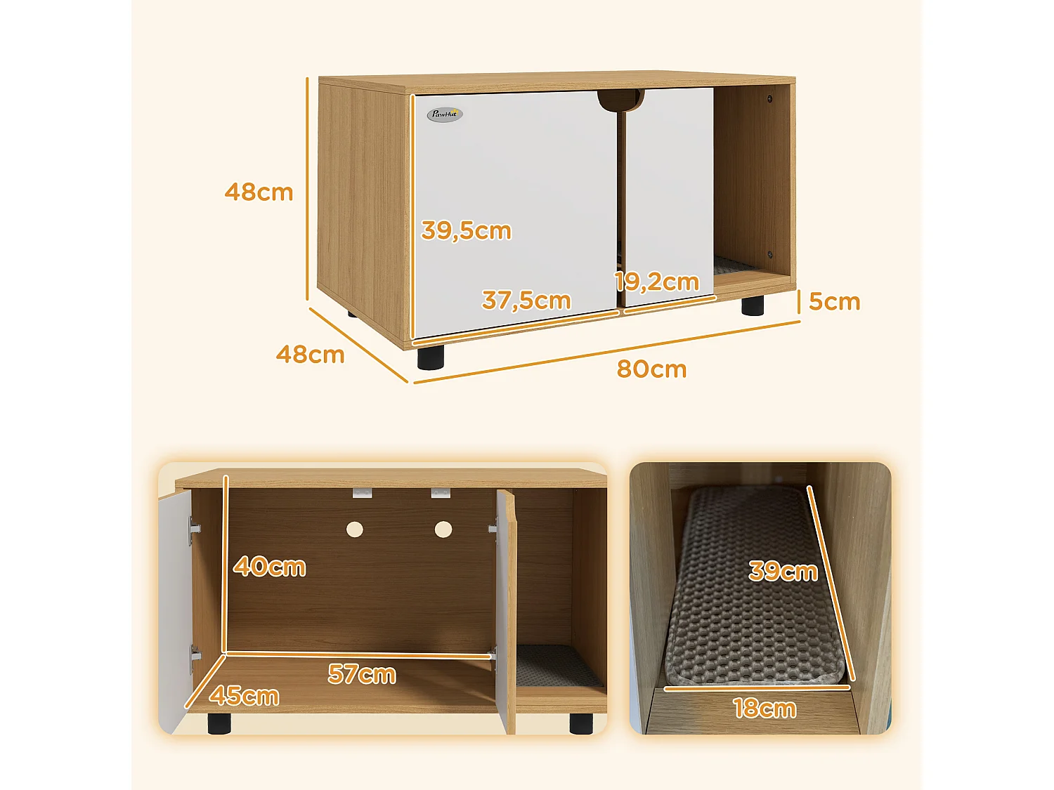 Maison de toilette pour chat style scandinave - meuble cache litière - portes, aérations, tapis de fuite - naturel blanc