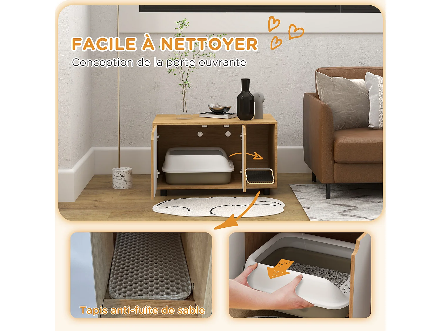 Maison de toilette pour chat style scandinave - meuble cache litière - portes, aérations, tapis de fuite - naturel blanc