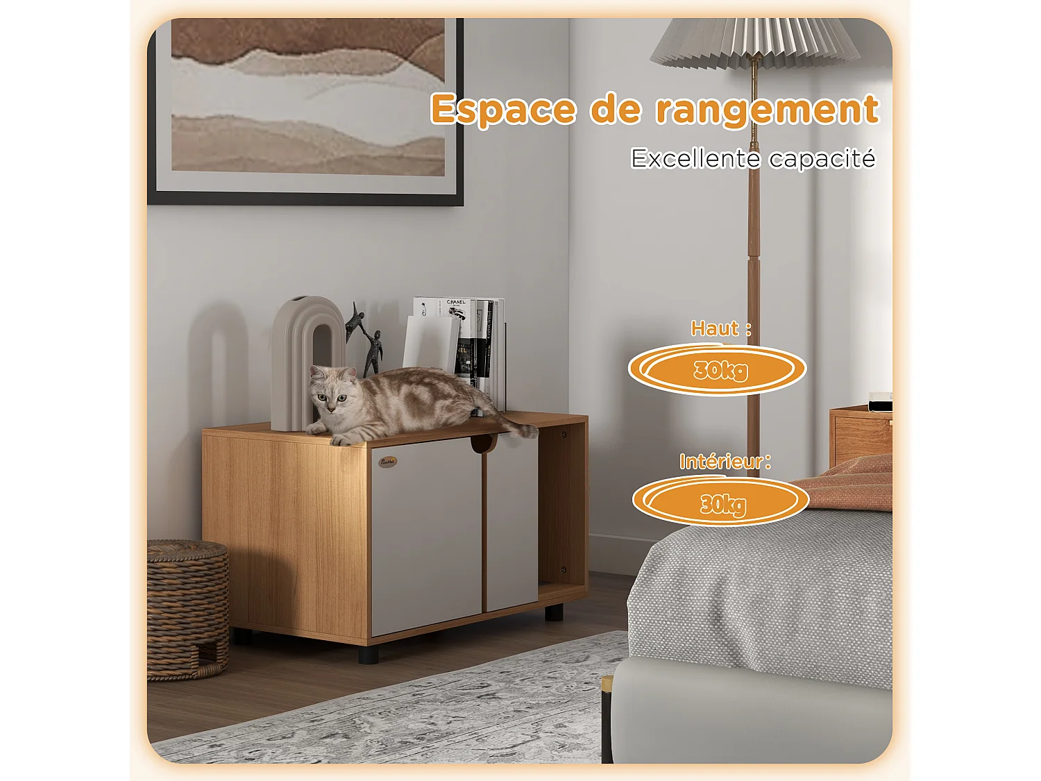 Maison de toilette pour chat style scandinave - meuble cache litière - portes, aérations, tapis de fuite - naturel blanc