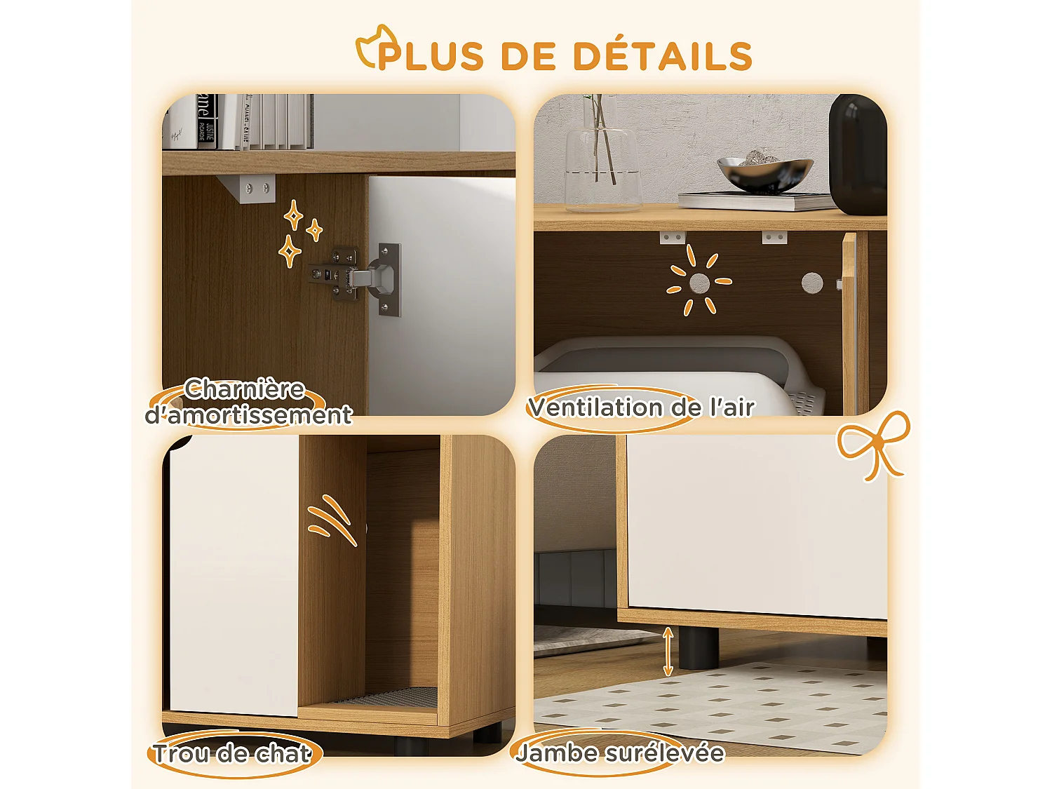 Maison de toilette pour chat style scandinave - meuble cache litière - portes, aérations, tapis de fuite - naturel blanc
