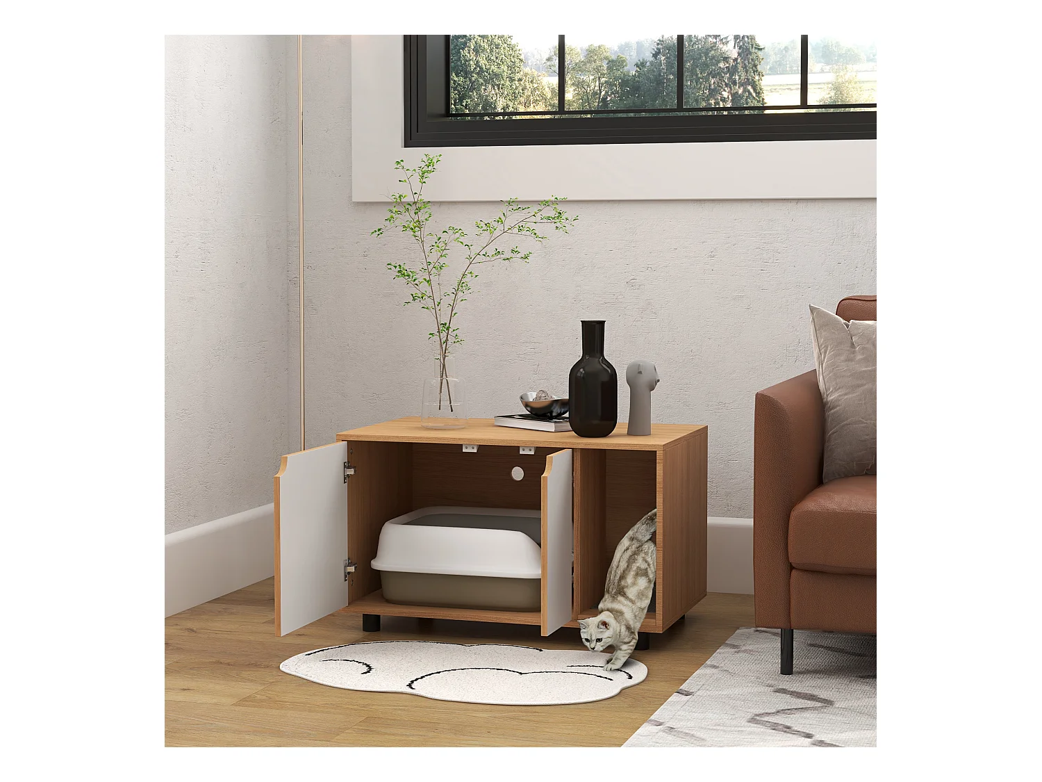 Maison de toilette pour chat style scandinave - meuble cache litière - portes, aérations, tapis de fuite - naturel blanc