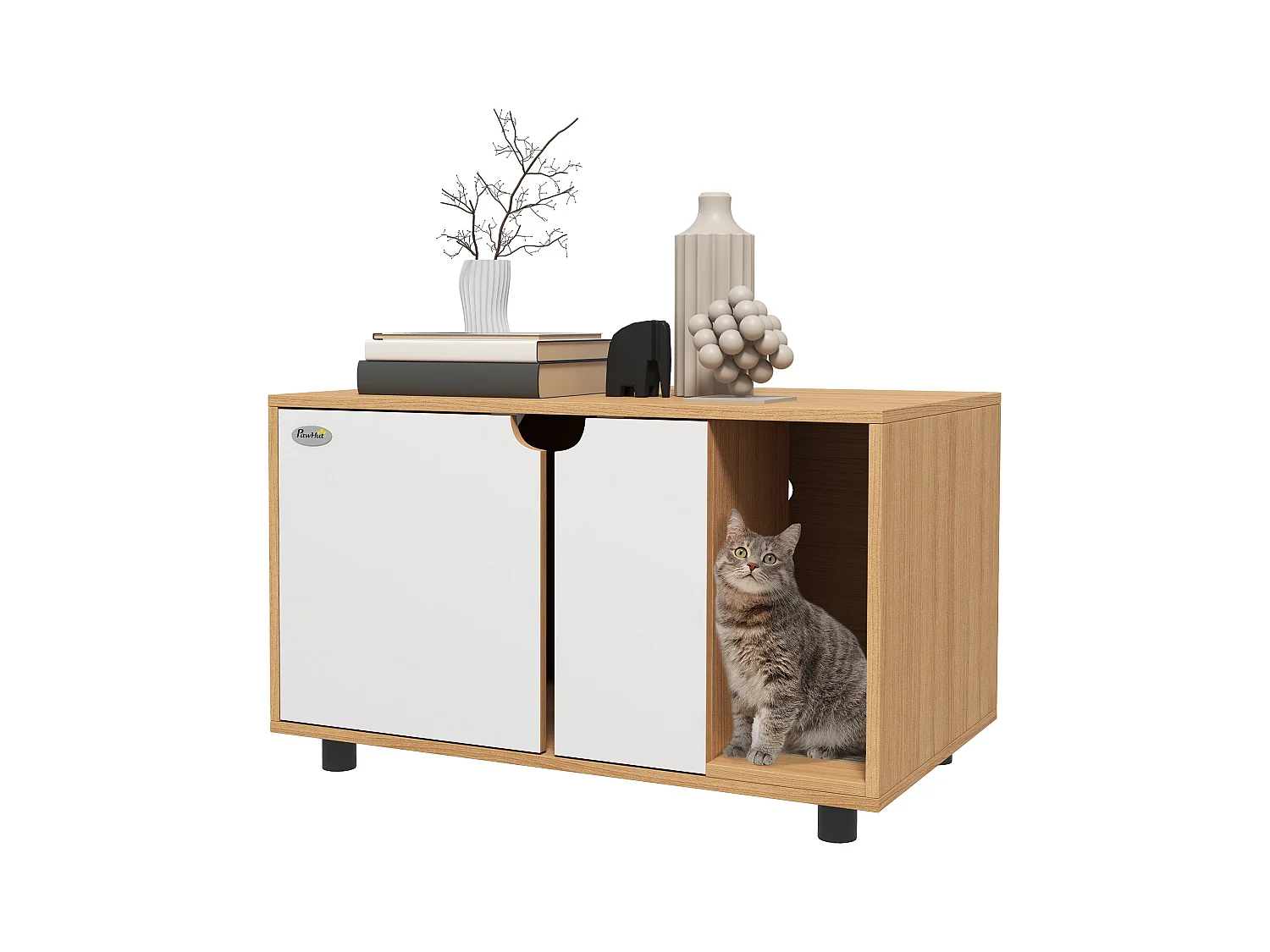 Maison de toilette pour chat style scandinave - meuble cache litière - portes, aérations, tapis de fuite - naturel blanc