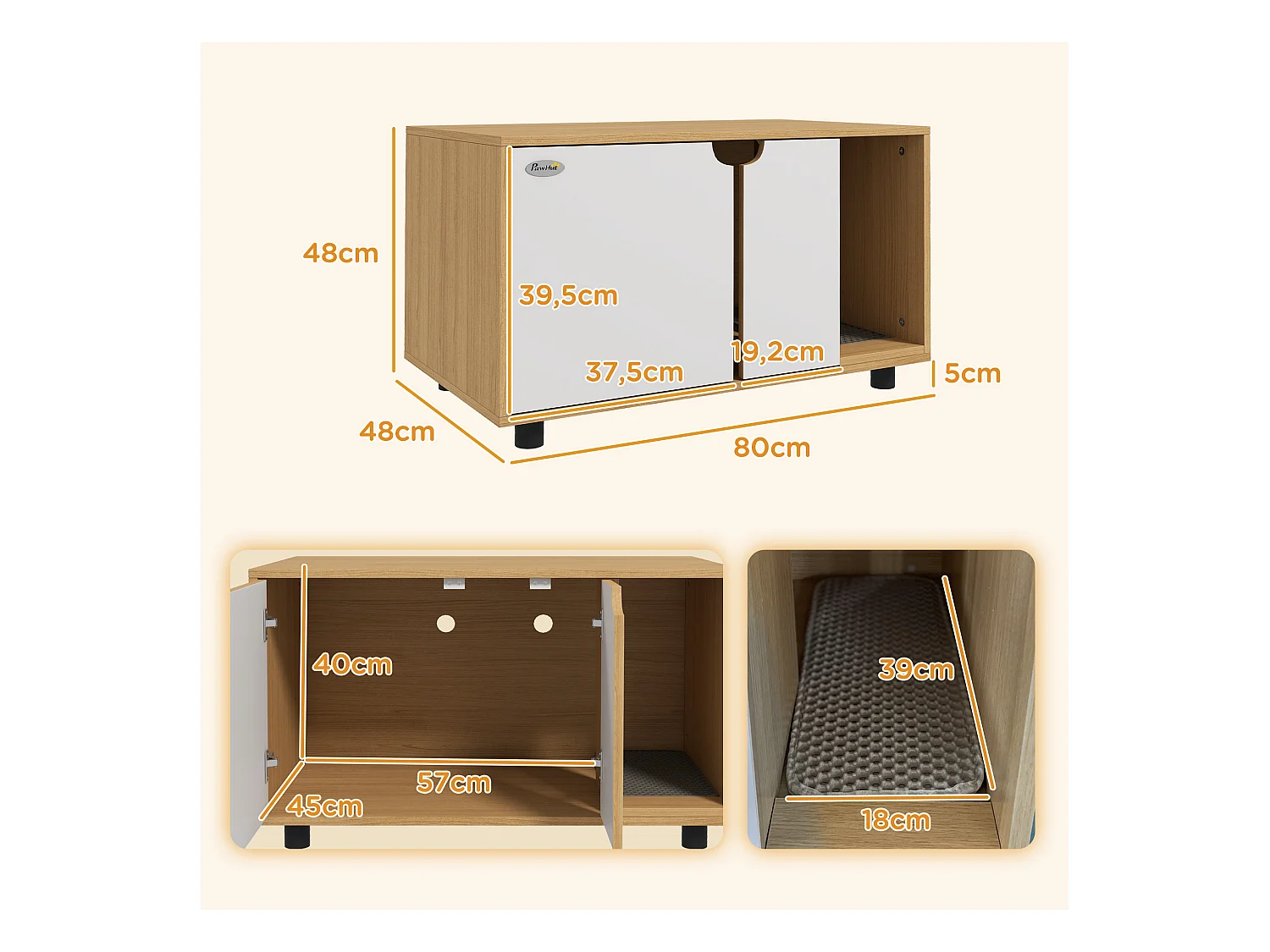 Maison de toilette pour chat style scandinave - meuble cache litière - portes, aérations, tapis de fuite - naturel blanc