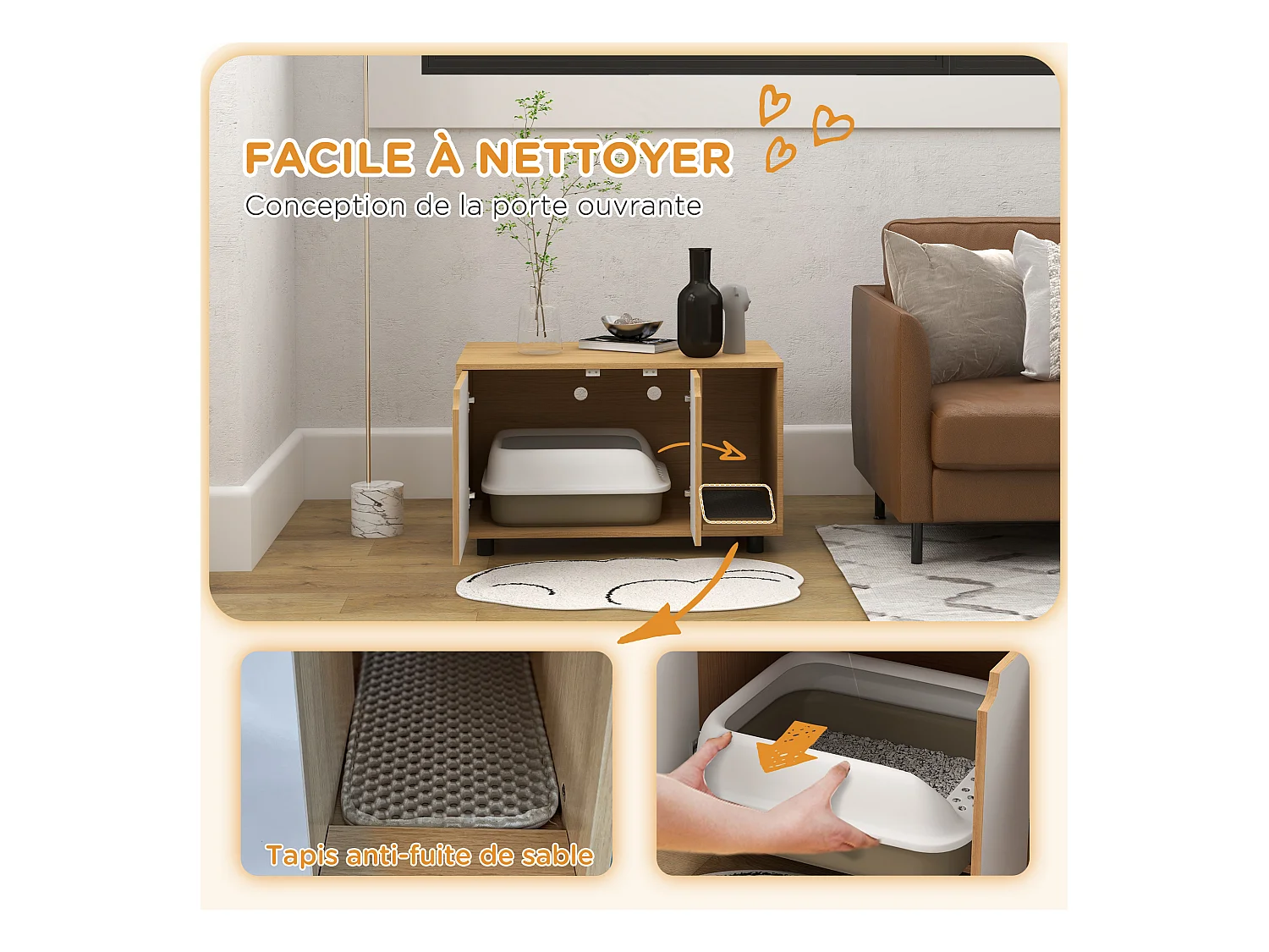 Maison de toilette pour chat style scandinave - meuble cache litière - portes, aérations, tapis de fuite - naturel blanc