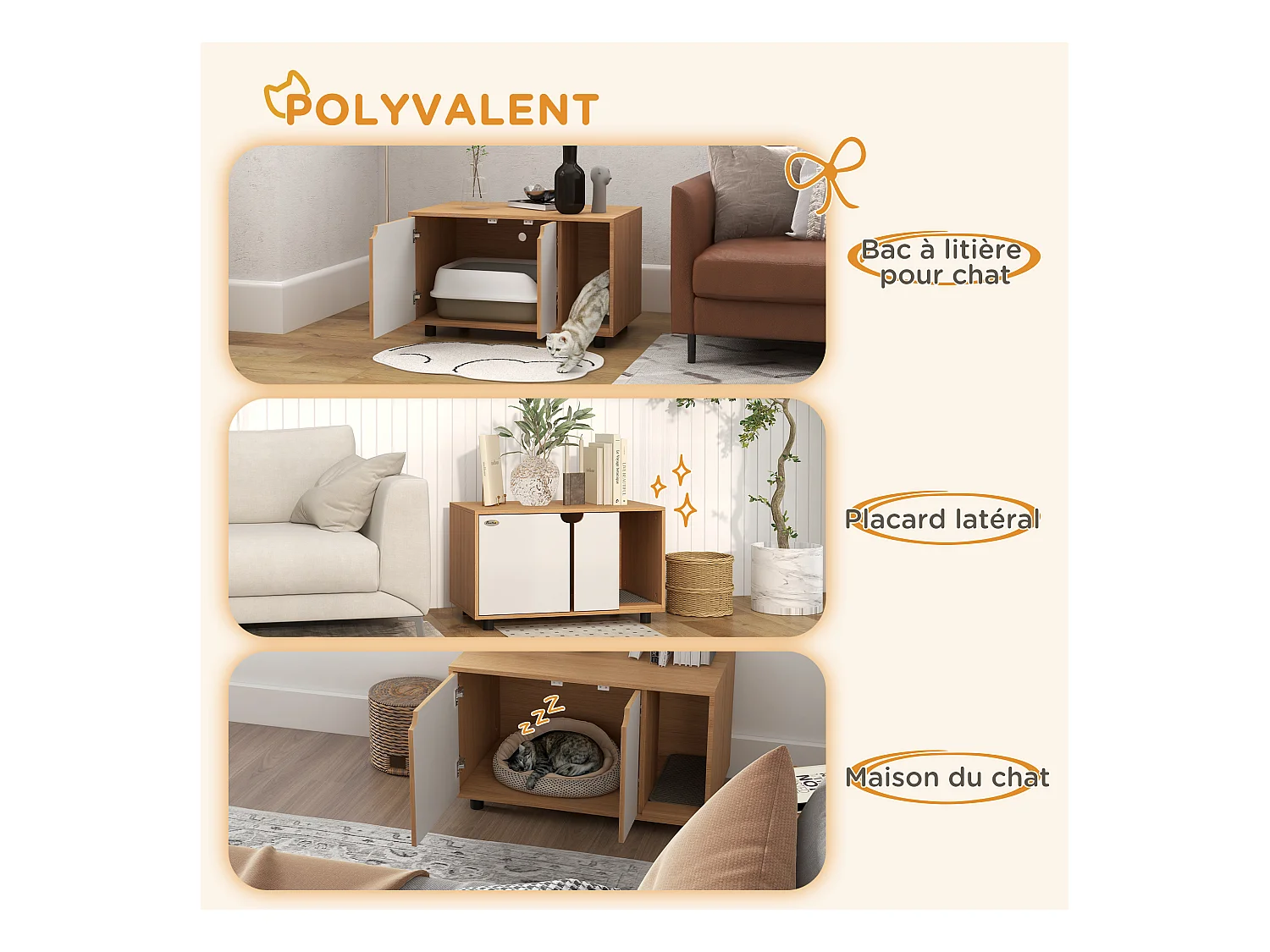 Maison de toilette pour chat style scandinave - meuble cache litière - portes, aérations, tapis de fuite - naturel blanc