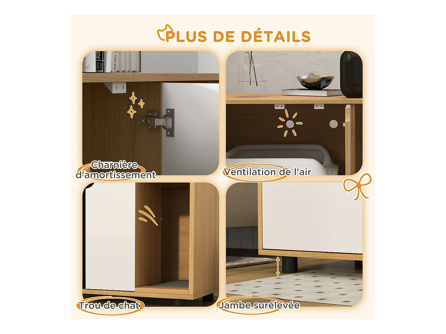 Maison de toilette pour chat style scandinave - meuble cache litière - portes, aérations, tapis de fuite - naturel blanc