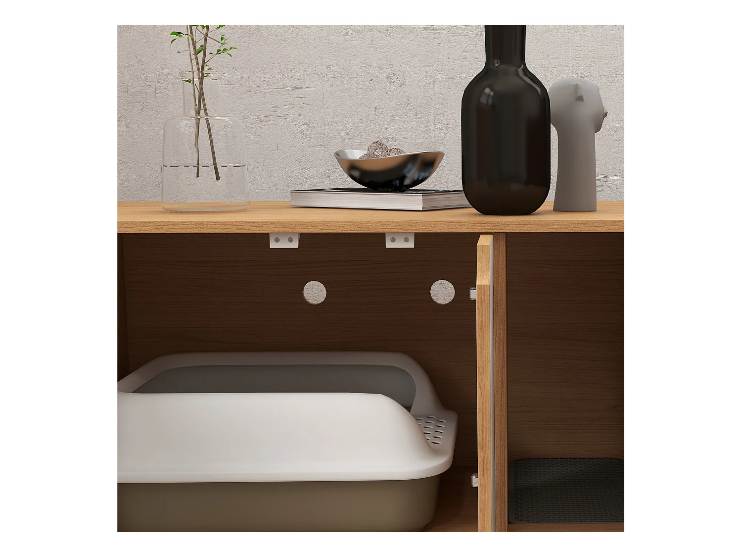 Maison de toilette pour chat style scandinave - meuble cache litière - portes, aérations, tapis de fuite - naturel blanc