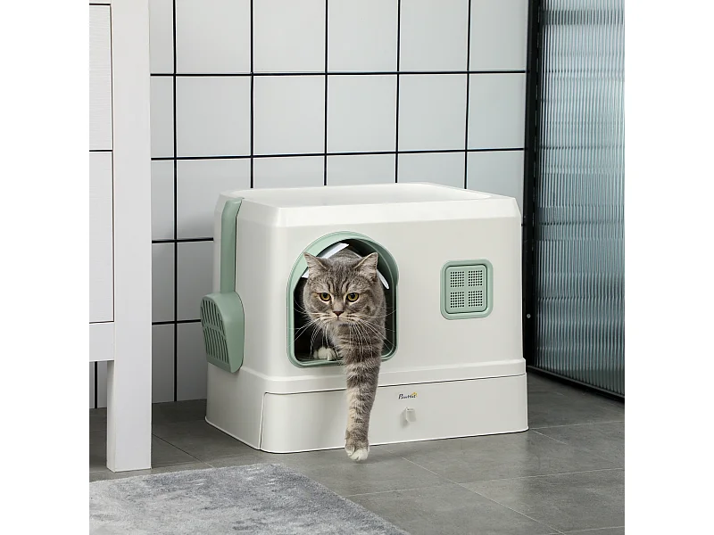 Maison de toilette chat design maisonnette - pelle, 2 désodorisants, plateau coulissant intégrés - blanc vert