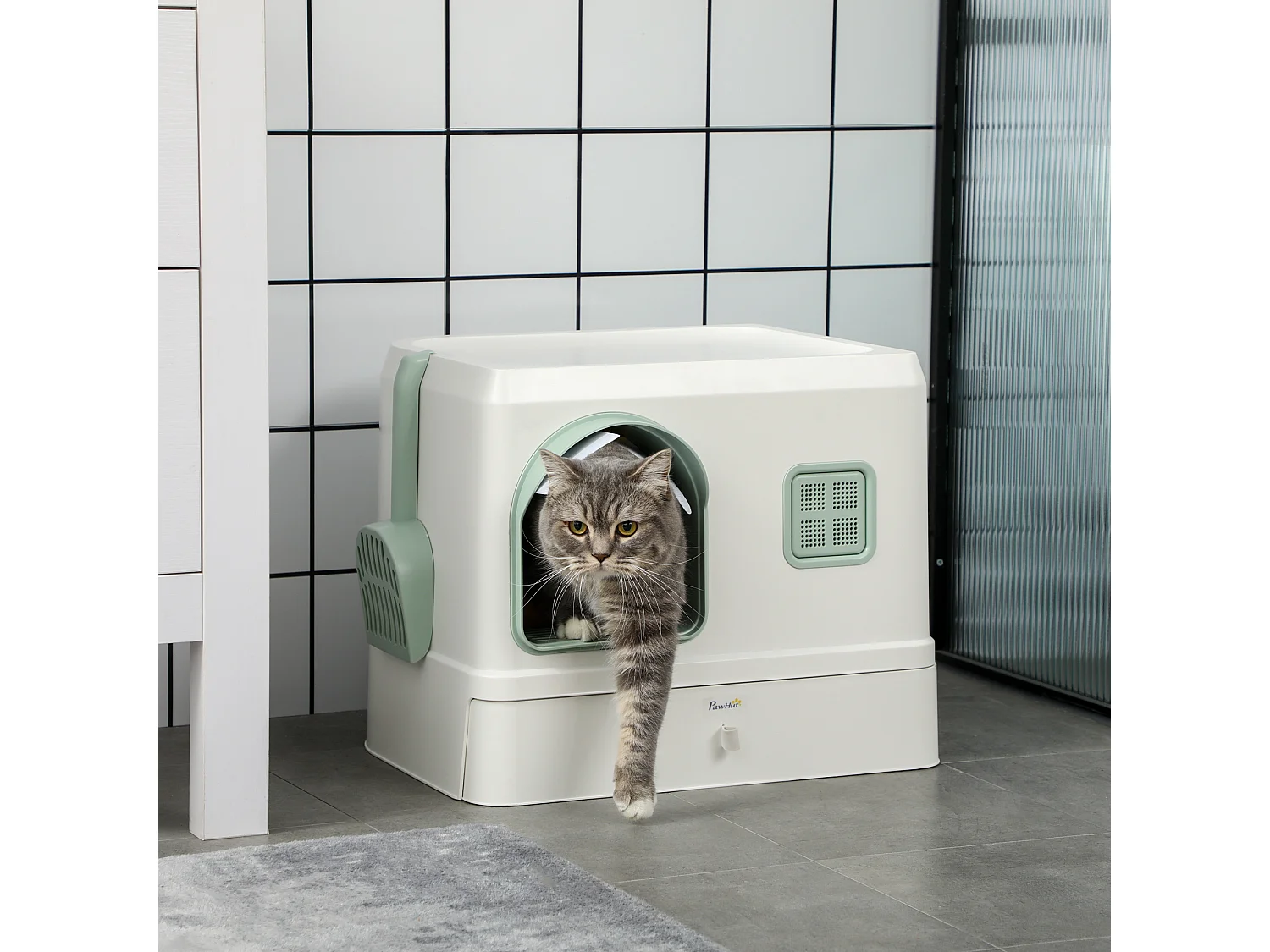 Maison de toilette chat design maisonnette - pelle, 2 désodorisants, plateau coulissant intégrés - blanc vert