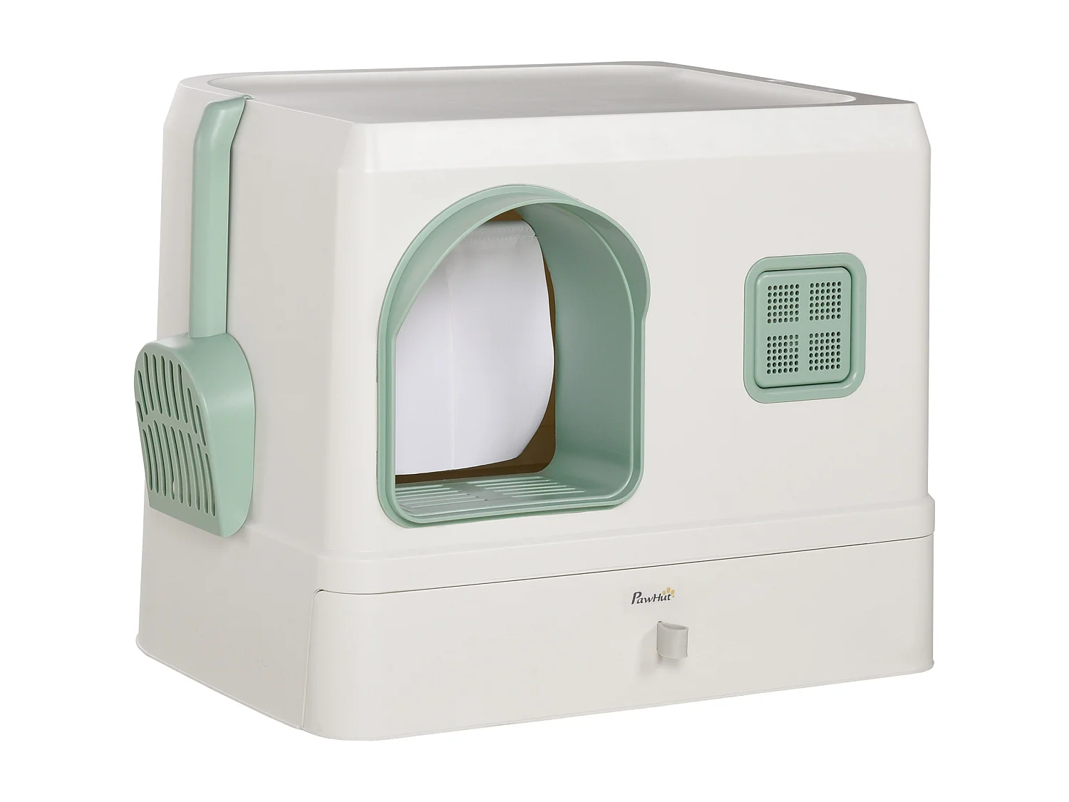 Maison de toilette chat design maisonnette - pelle, 2 désodorisants, plateau coulissant intégrés - blanc vert