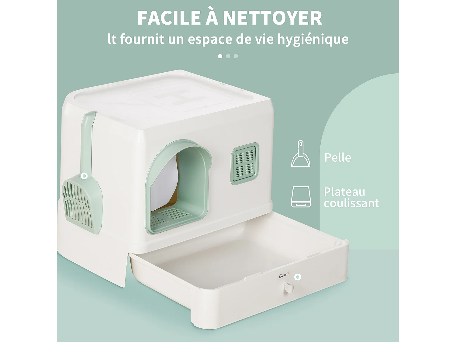 Maison de toilette chat design maisonnette - pelle, 2 désodorisants, plateau coulissant intégrés - blanc vert